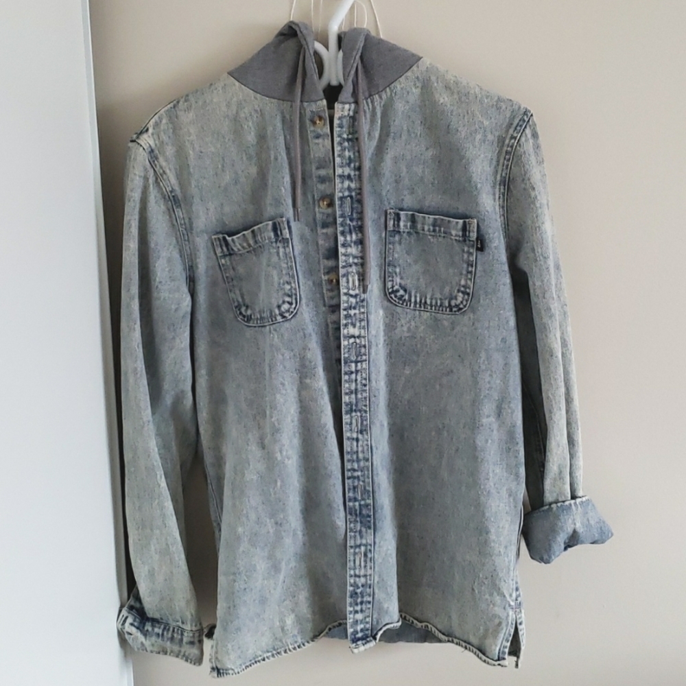 Unisex Hooded Blue Grey Denim Button Up Jacket
